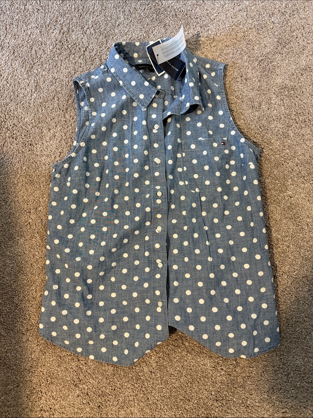 Tommy Hilfiger Blue Polka Dot Sleeveless Button-Up Top